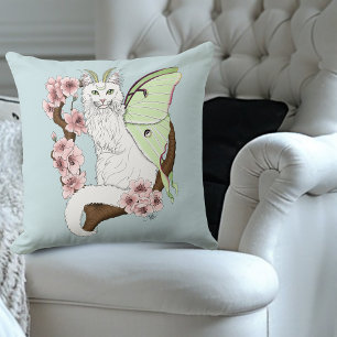 Luna Moth Moon White Cat Green Cushion