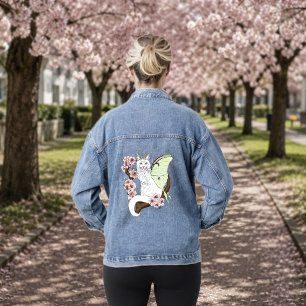 Luna Moth Moon White Cat Green Denim Jacket