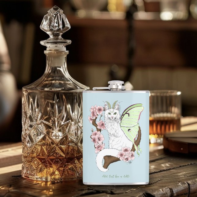 Luna Moth Moon White Cat Green Hip Flask (Creator Uploaded)