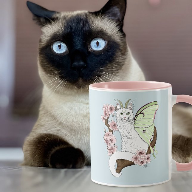 Luna Moth Moon White Cat Green Mug (Creator Uploaded)
