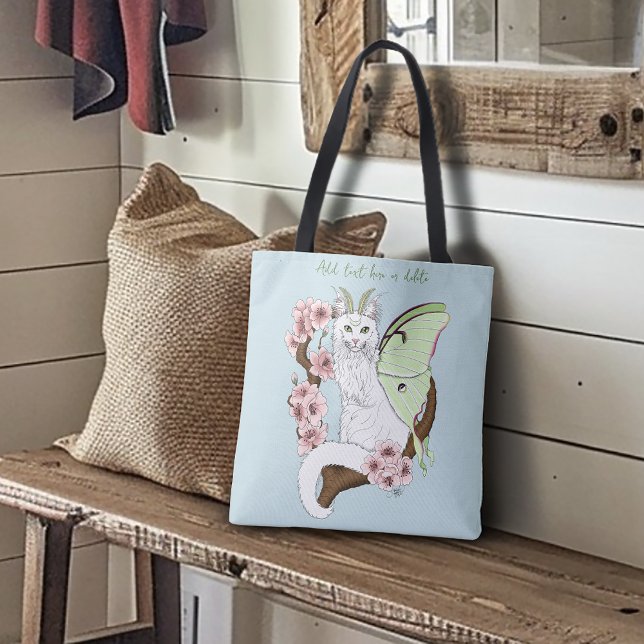 Luna Moth Moon White Cat Green Tote Bag (Creator Uploaded)