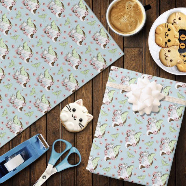 Luna Moth Moon White Cat Green Wrapping Paper (Creator Uploaded)