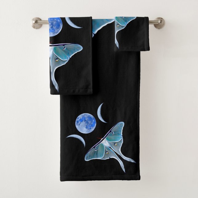 Luna Moth Triple Moon on Black Custom Initial Bath Towel Set (Insitu)