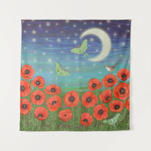 Luna moths and house wren on poppies at night tapestry