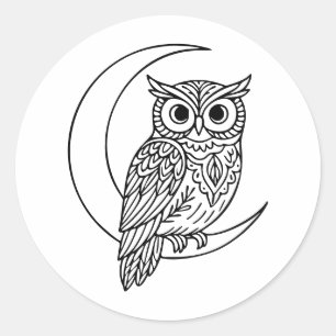 Luna Owl Line Art with Crescent Moon Classic Round Sticker