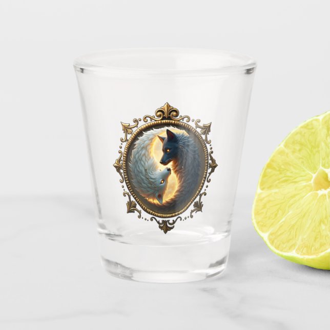 Lunar Balance – Where Shadows Embrace the Light.  Shot Glass (Front)
