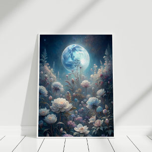 Lunar Bloom – Full Moon and Wildflower Garden Art Poster