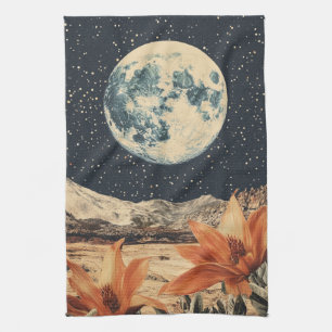 Lunar Bloom Over Sandy Peaks Tea Towel