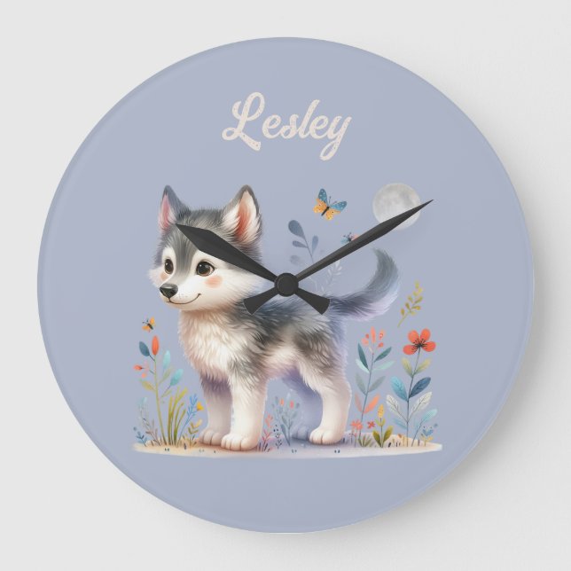 Lunar Cub - Baby Wolf Wall Clock (Front)