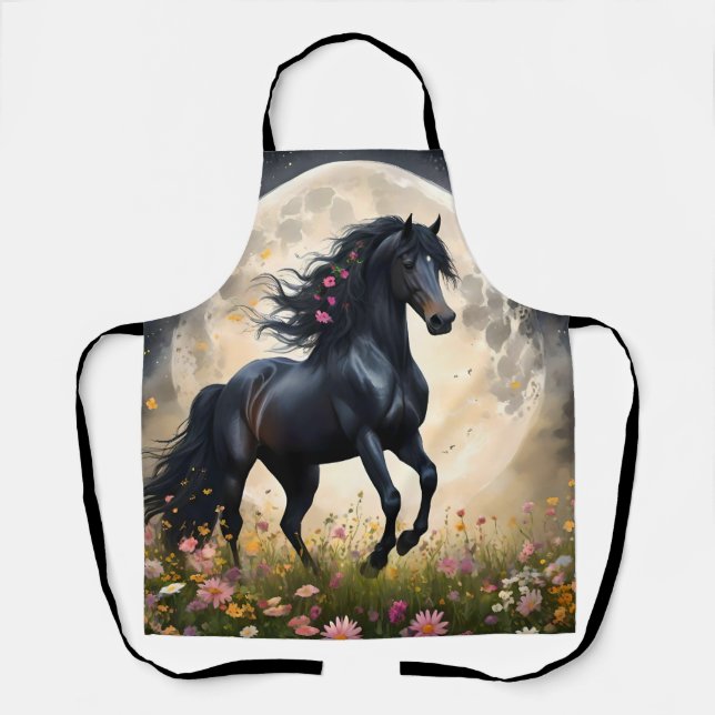 Lunar Elegance: Black Fantasy Horse with Moon  Apron (Front)