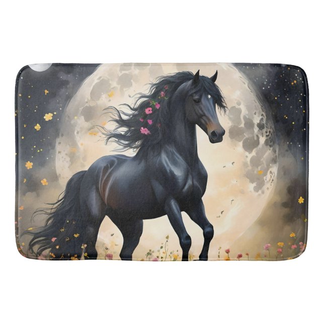 Lunar Elegance: Black Fantasy Horse with Moon  Bath Mat (Front)