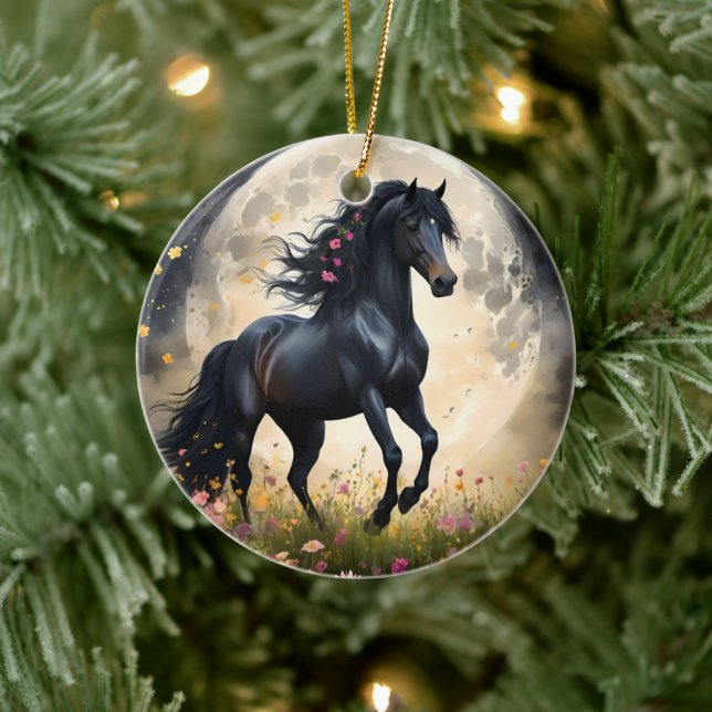 Lunar Elegance: Black Fantasy Horse with Moon  Ceramic Tree Decoration (Tree)