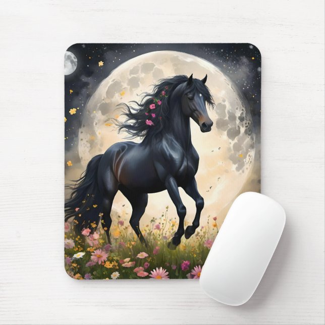Lunar Elegance: Black Fantasy Horse with Moon  Mouse Mat (With Mouse)