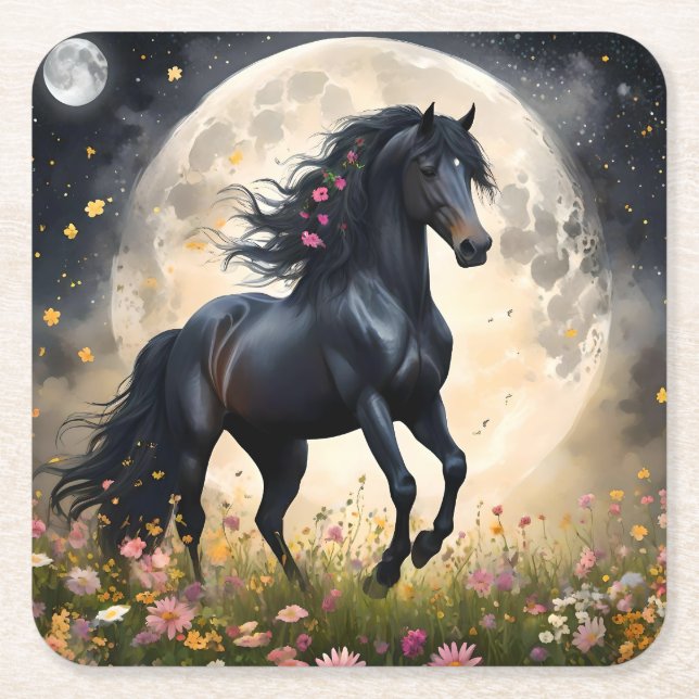 Lunar Elegance: Black Fantasy Horse with Moon  Square Paper Coaster (Front)