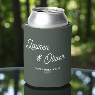 Lunar Green Script Minimalist Wedding Can Cooler