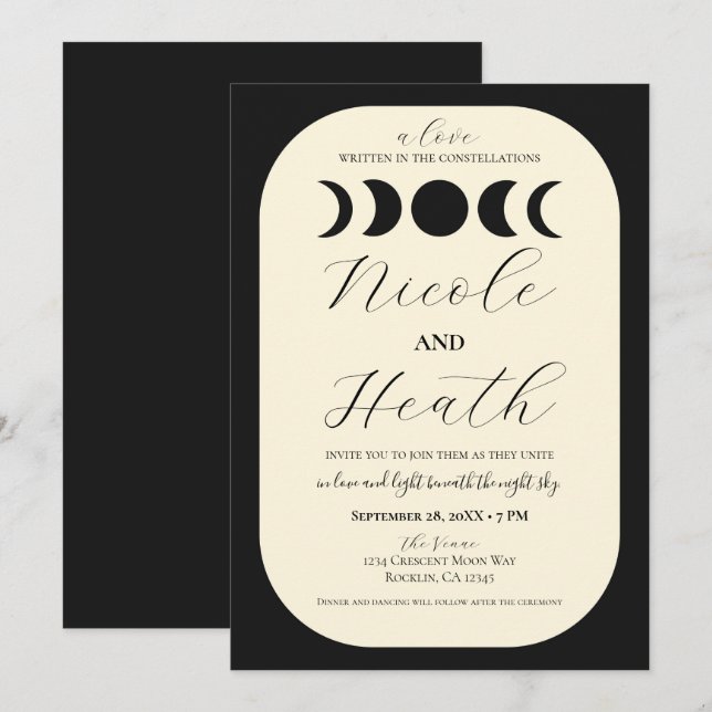 Lunar Luxe Black & Cream Moon Phase Wedding  Invitation (Front/Back)
