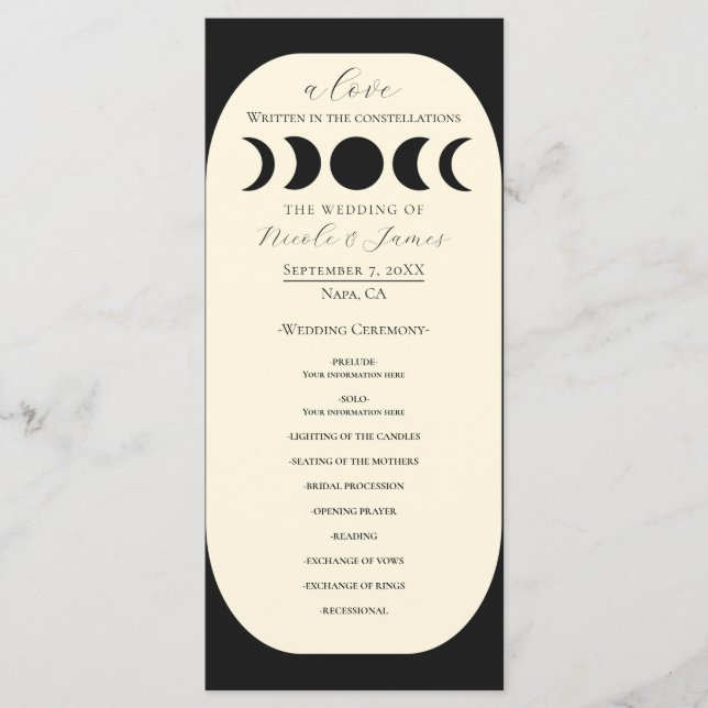Lunar Luxe Black Cream Moon Phase Wedding Program Menu (Front)