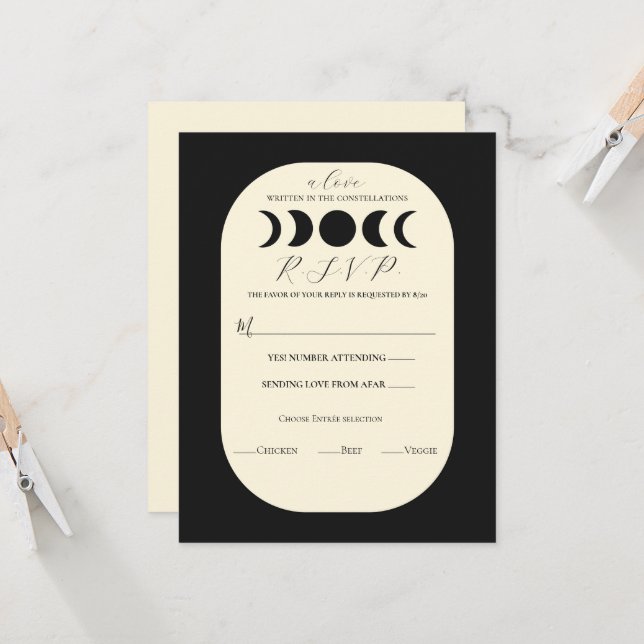 Lunar Luxe Black & Cream Moon Phase Wedding RSVP Invitation (Front/Back In Situ)