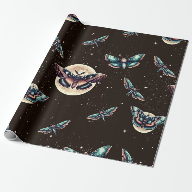 Lunar Moths Full Moon on Black Wallpaper Wrapping Paper (Unrolled)