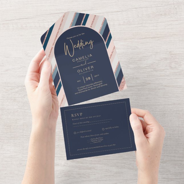 Lunar Navy Blue Blush Pink Rose Gold Wedding All In One Invitation (Tearaway)