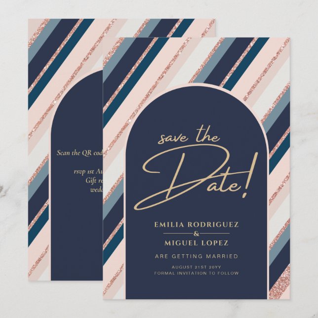 Lunar Navy Blue Blush Pink Rose Gold Wedding Invitation (Front/Back)