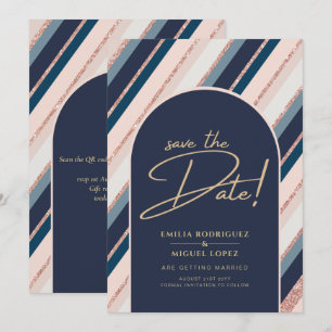 Lunar Navy Blue Blush Pink Rose Gold Wedding Invitation