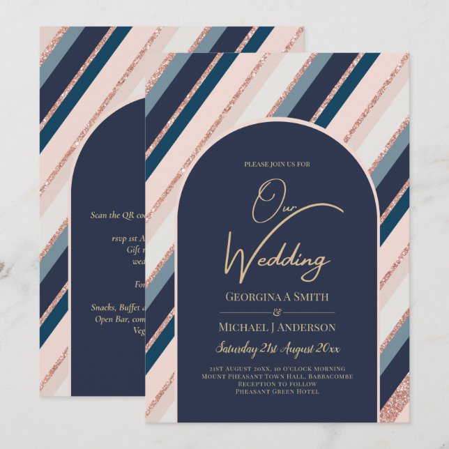 Lunar Navy Blue Blush Pink Rose Gold Wedding Invitation (Front/Back)