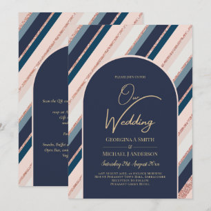 Lunar Navy Blue Blush Pink Rose Gold Wedding Invitation