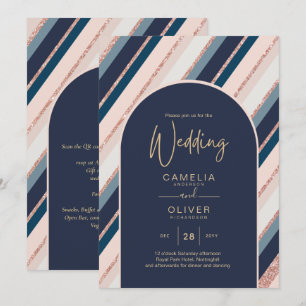 Lunar Navy Blue Blush Pink Rose Gold Wedding Invitation