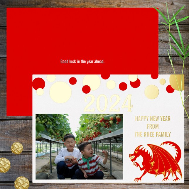 Lunar New Year 2024 Red Dragon Add Your Photo Gold Foil Holiday Card (Creator Uploaded)