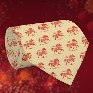 Lunar New Year Red Horse n Clouds on Gold Pattern Tie