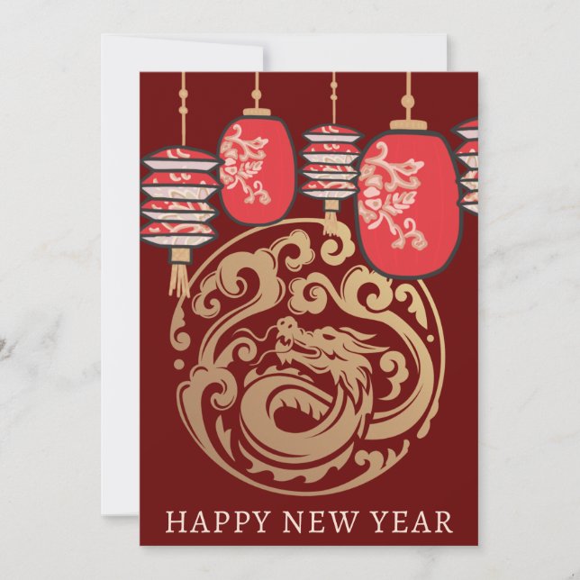 Lunar New Year Red Lantern Gold Dragon Holiday Card (Front)