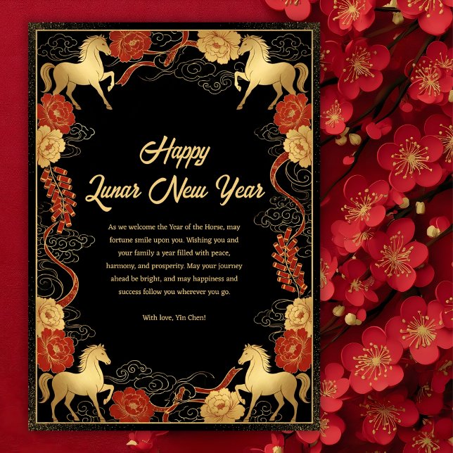 Lunar New Year Year of the Horse Black & Gold Holiday Card (Luxury 2026 Chinese New Year of the Horse Prosperity Greeting Card)