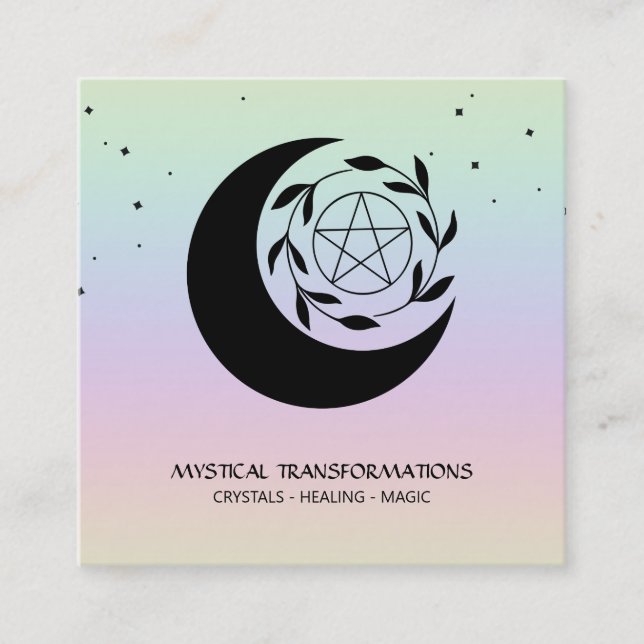 *~* Lunar Pentangle Star Moon Magic Boho Rainbow Square Business Card (Front)