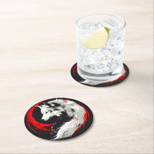 Lunar Red White Wolf Round Paper Coaster