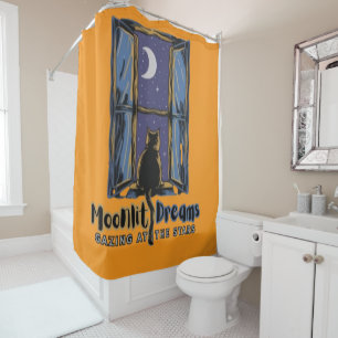 Lunar Serenity: Cat’s Night with Moon and Stars Shower Curtain