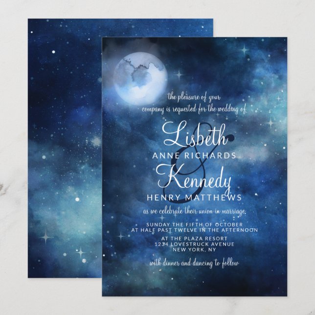 Lunar Sky Full Moon Celestial Galaxy Stars Wedding Invitation (Front/Back)