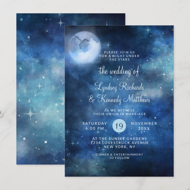 Lunar Sky Full Moon Celestial Galaxy Stars Wedding Invitation (Front/Back)