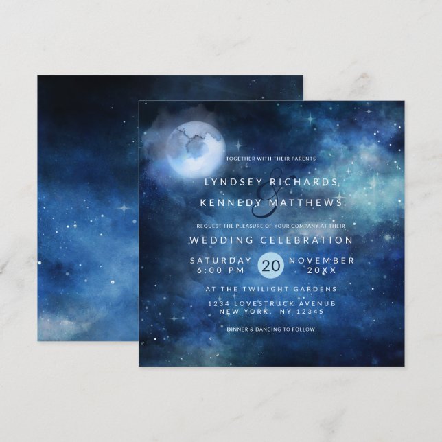 Lunar Sky Full Moon Celestial Stars Wedding Square Invitation (Front/Back)