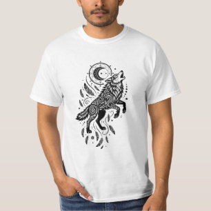 Lunar Spirit Wolf Moon and Feathers T-Shirt