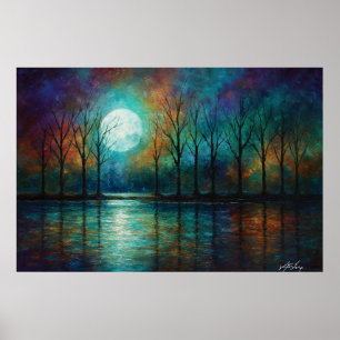 Lunar Veil - Silhouetted Trees in Teal Twilight Poster