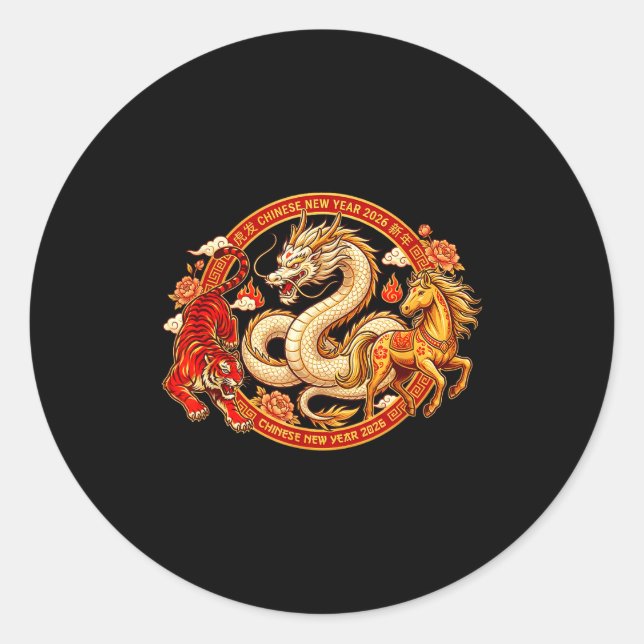 Lunar Zodiac Dragon Tiger Horse Harmony Chinese Ne Classic Round Sticker (Front)