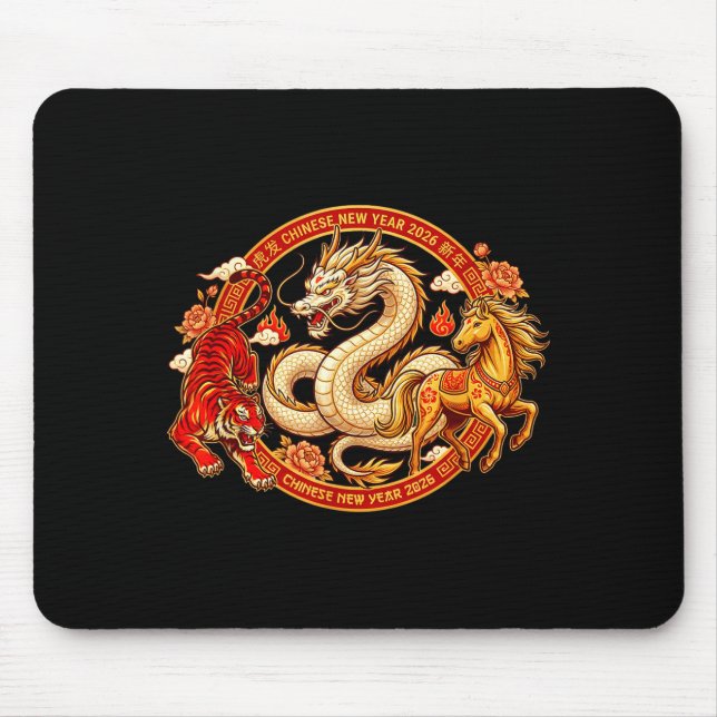 Lunar Zodiac Dragon Tiger Horse Harmony Chinese Ne Mouse Mat (Front)