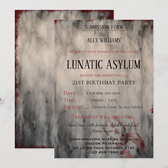 Lunatic Asylum Birthday Party Invitation (Front/Back)