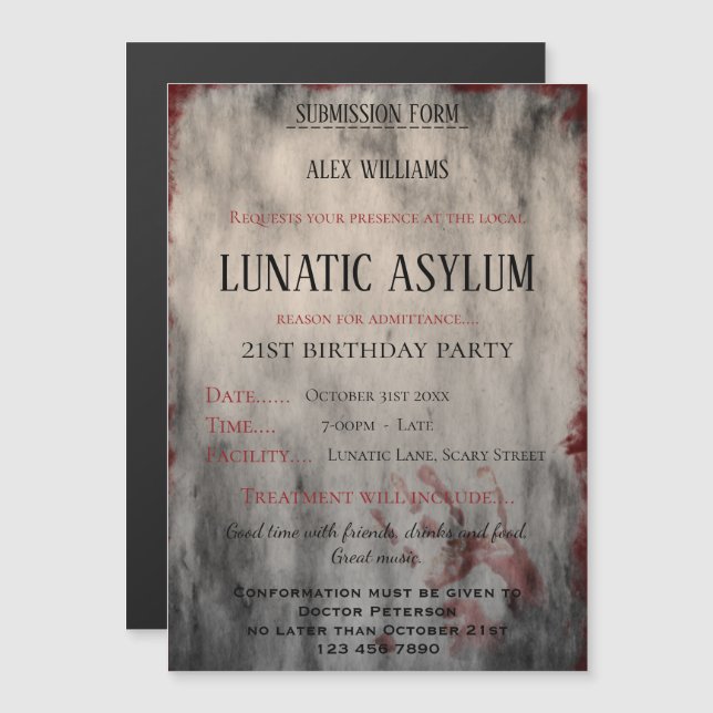 Lunatic Asylum Halloween Birthday Magnetic Invitation (Front/Back)