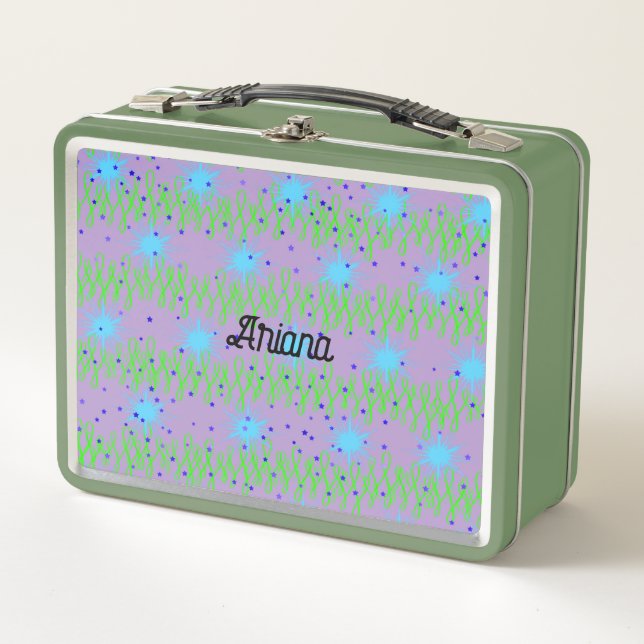 Lunch Box Green with Blue Stars for Kids or Adults (Front)