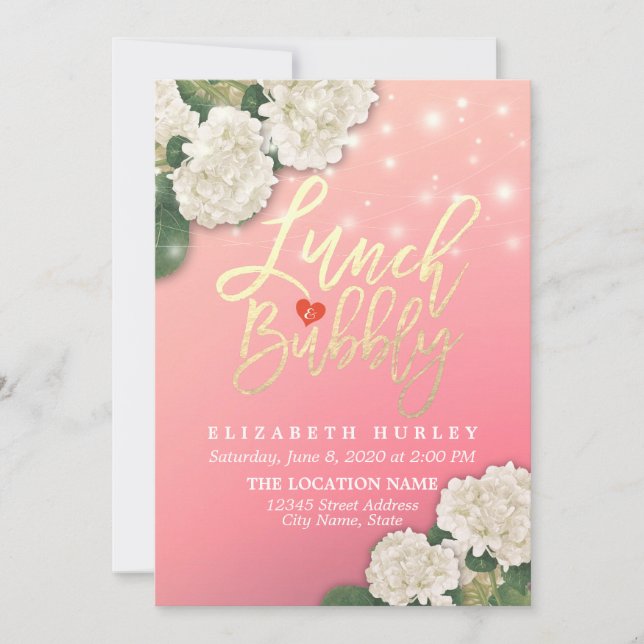 Lunch & Bubbly Bridal Shower Flowers String Lights Invitation (Front)