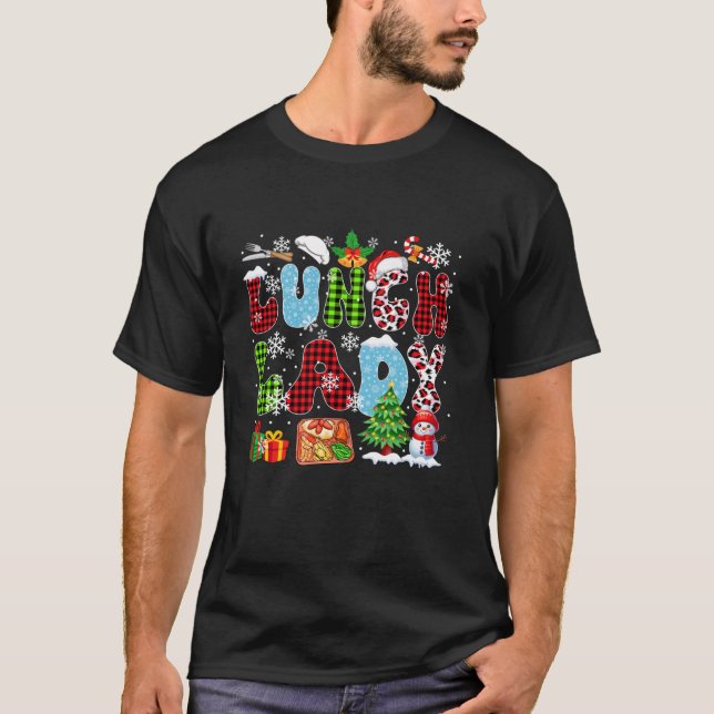 Lunch Lady Christmas Tree Leopard Santa Snowman Jo T-Shirt (Front)