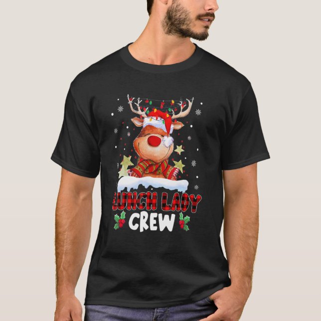 Lunch Lady Crew Reindeer Plaid Santa Hat Christmas T-Shirt (Front)