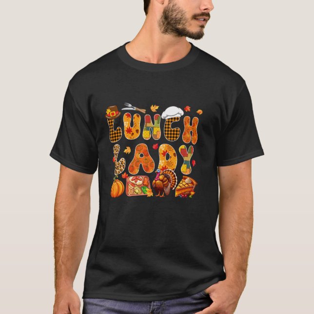 Lunch Lady Thanksgiving Turkey Leopard Fall Leaves T-Shirt (Front)